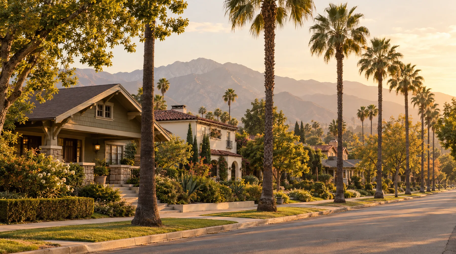 Palm-lined residential street in Pasadena with the San Gabriel Mountains behind