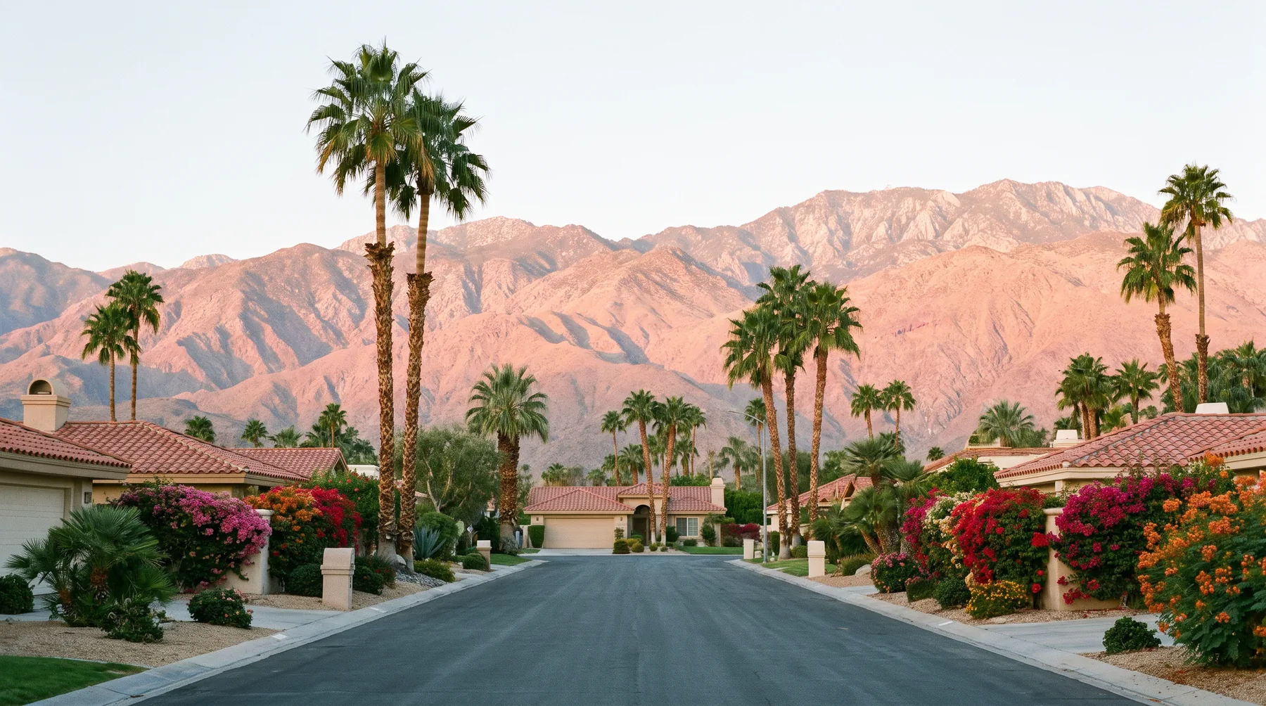 Palm-lined Palm Desert street with the San Jacinto mountains at sunset