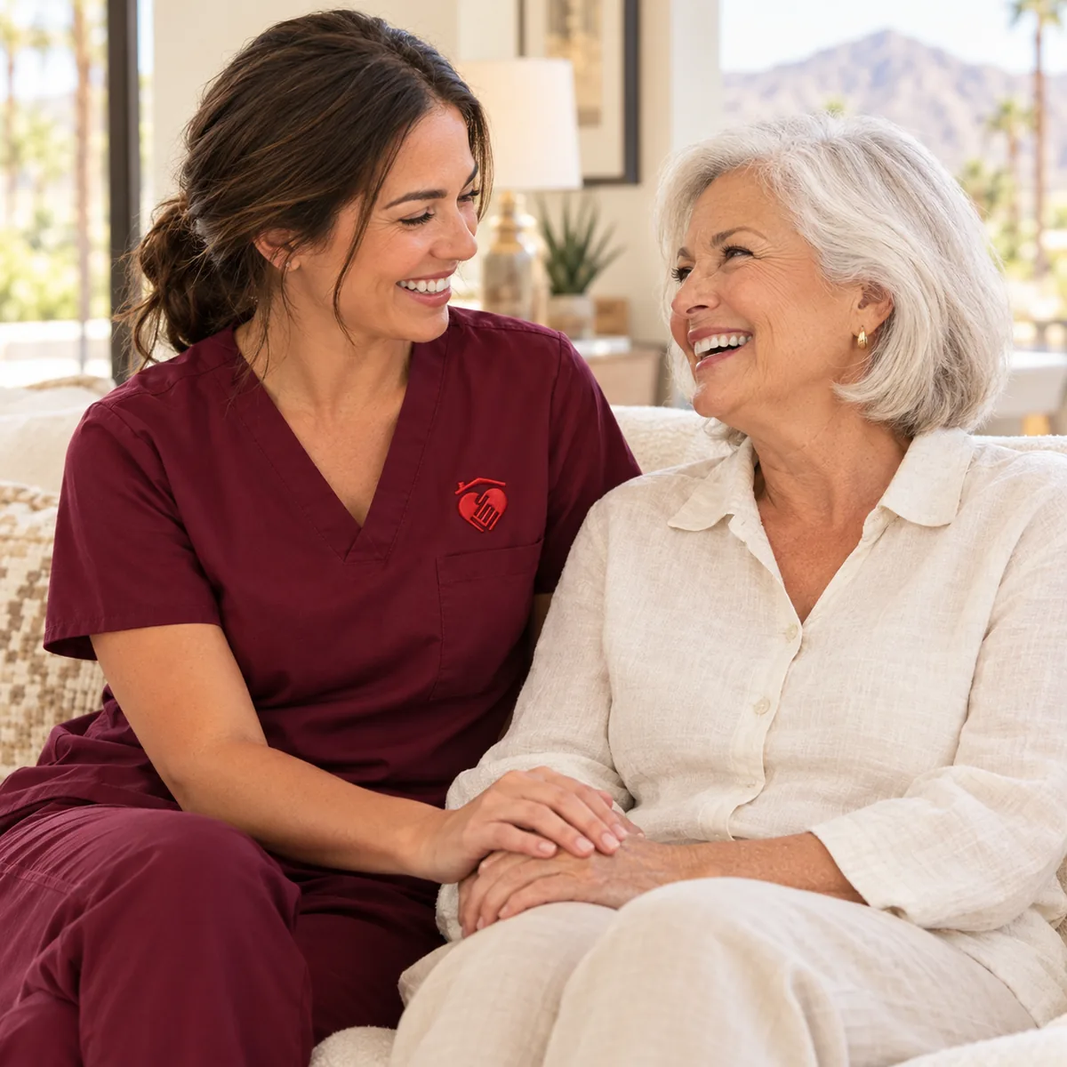 Caring Hearts caregiver in a burgundy scrub top laughing with a senior client on a sofa
