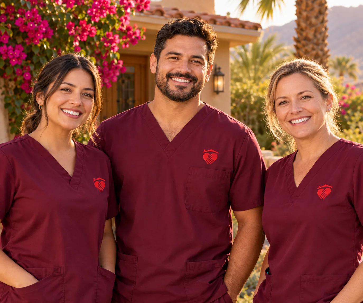 Three Caring Hearts caregivers in burgundy scrub tops with the embroidered heart logo, in front of a Palm Desert home