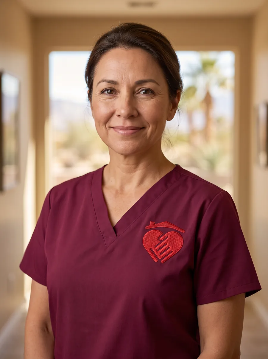 Caring Hearts caregiver wearing a burgundy scrub top with the embroidered Caring Hearts heart logo