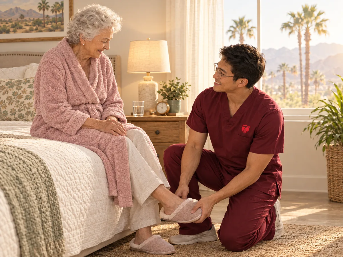 Caring Hearts caregiver kneeling to help a senior woman into her slippers at her bedside in the morning