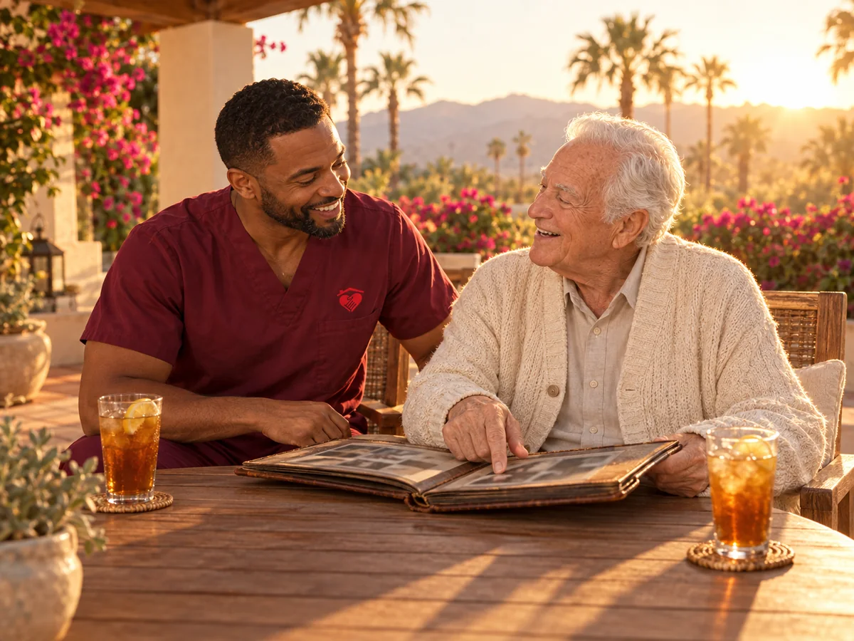 Caring Hearts caregiver and a senior man looking through a photo album together on a sunny patio