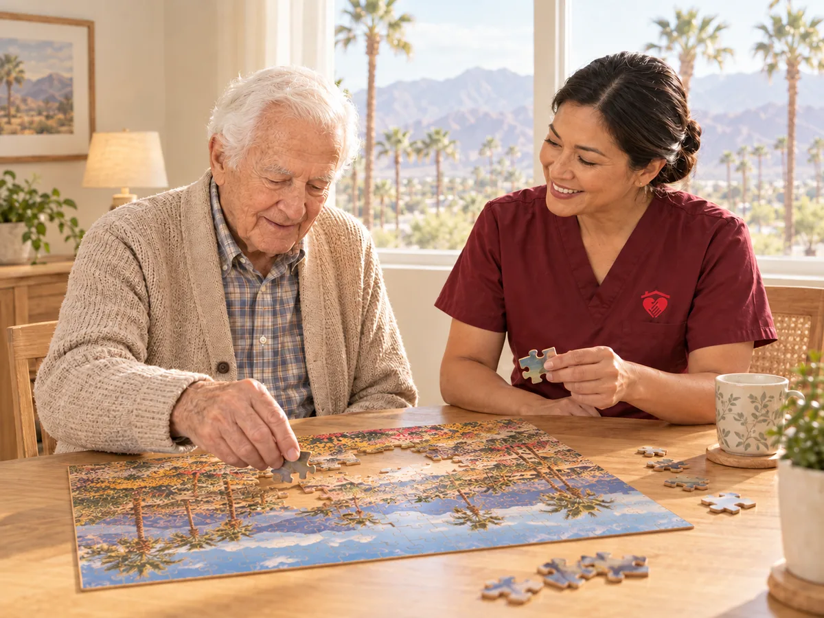 Caring Hearts caregiver working on a jigsaw puzzle with a senior man at his dining table in Palm Desert