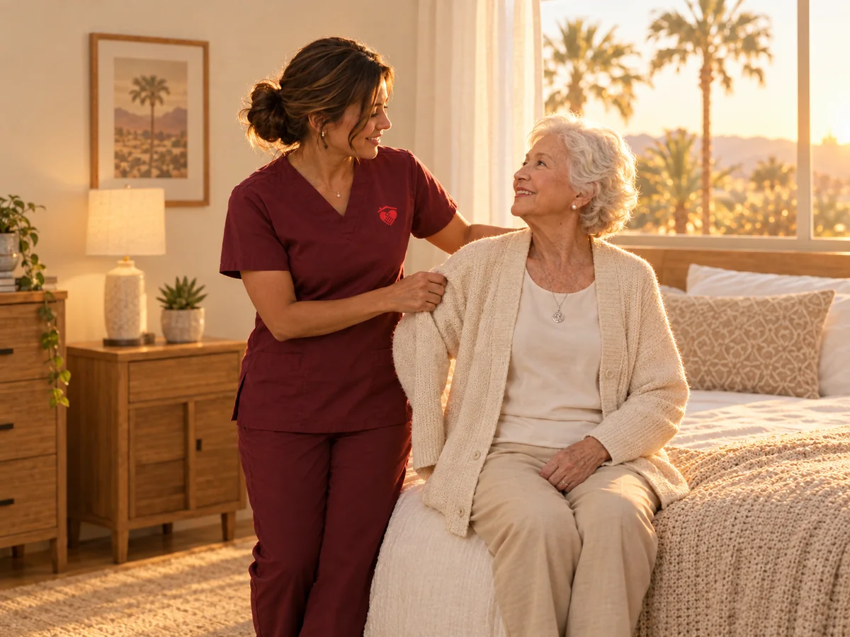 Caring Hearts caregiver helping a smiling senior woman put on a cardigan in her sunlit bedroom