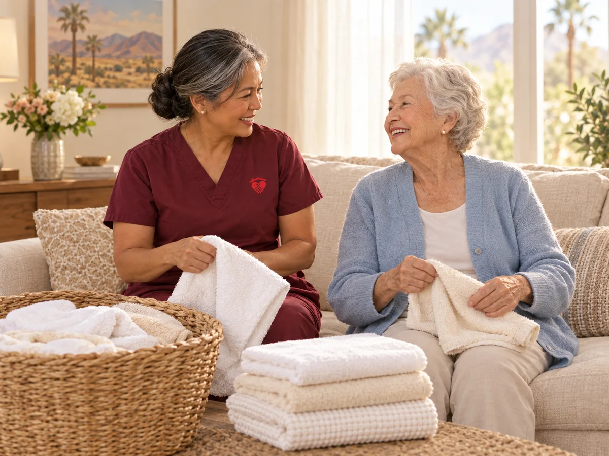 Caring Hearts caregiver and a senior woman folding fresh laundry together on the sofa