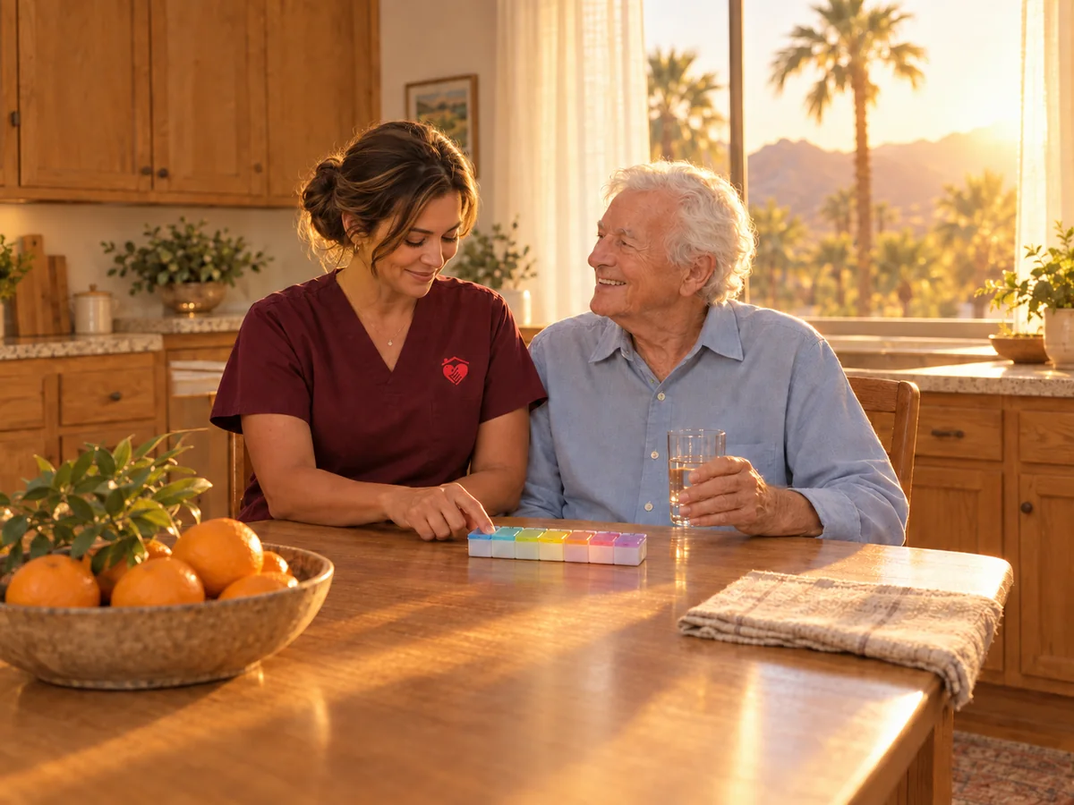 Caring Hearts caregiver reviewing a weekly pill organizer with a senior man at his kitchen table