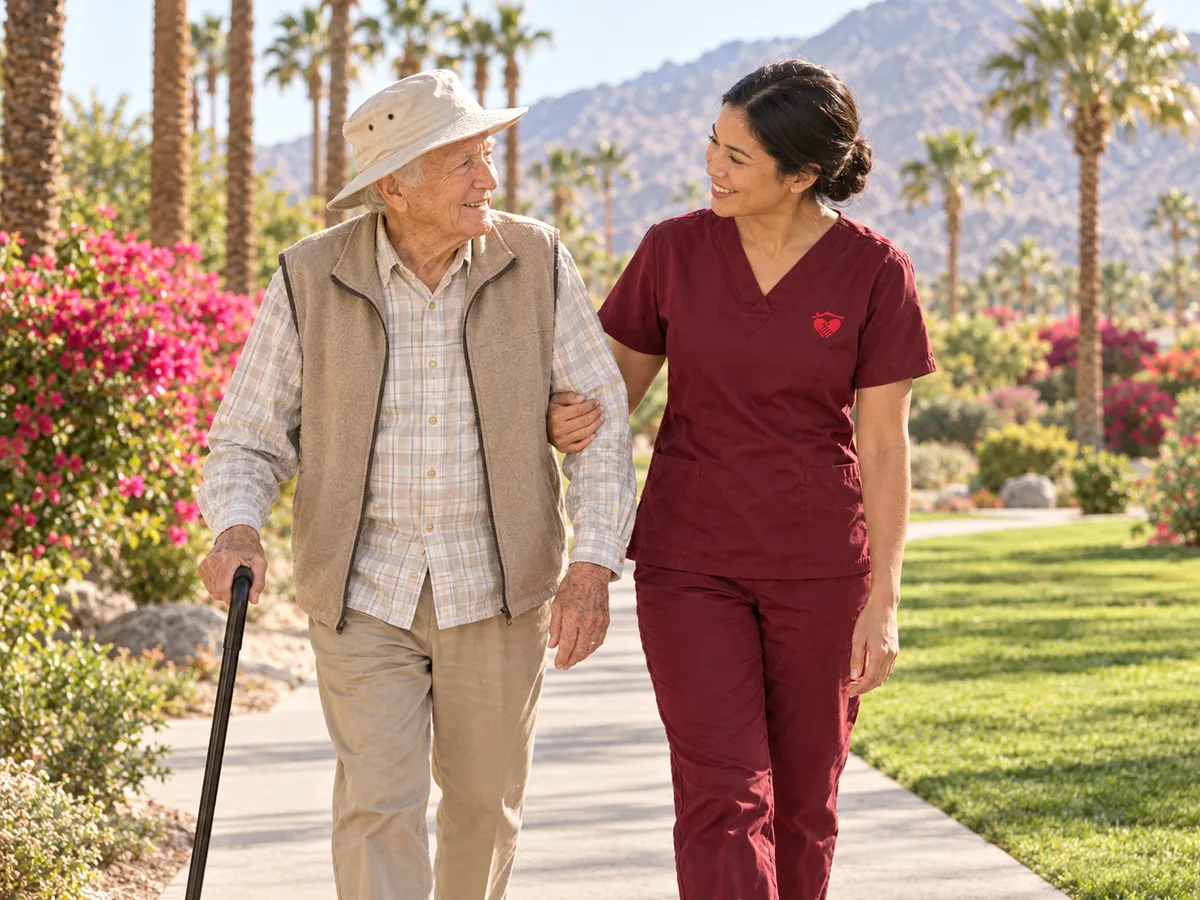 Caring Hearts caregiver supporting a senior man with a cane on a walk through a sunny Coachella Valley park
